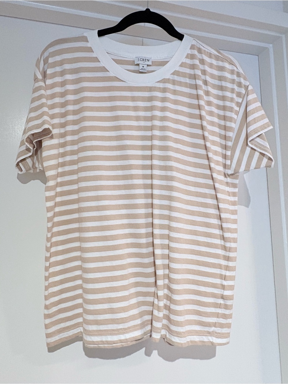 J.Crew Beige and White Striped Crewneck Tee Sz M